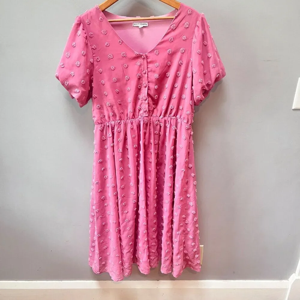 Baltic Born Pink Swiss Polka Dot Midi Dress L 100% Polyester Button-Down Front S